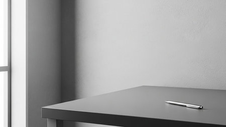 Black table with a pen in the corner of the room. 3d renderingの素材