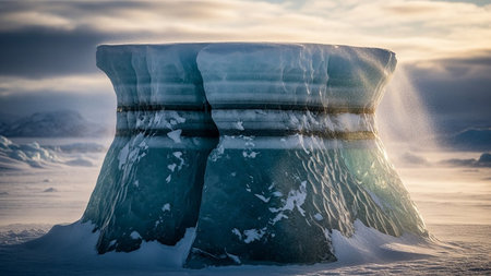 Icebergs in the snow at sunset. 3d illustration.の素材