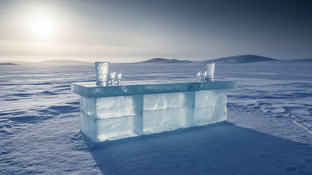 Ice cube on the frozen lake. Winter landscape. 3d renderの素材