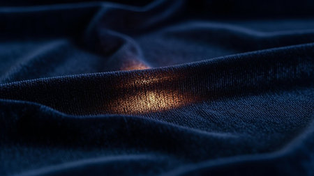 Close-up of a blue fabric with a glowing light on itの素材