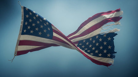 American flag flying in the wind on a blue background with copy spaceの素材