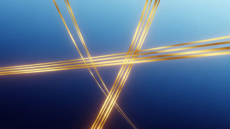 Abstract golden lines on blue background. 3D rendering illustration. Futuristic technology style.の素材