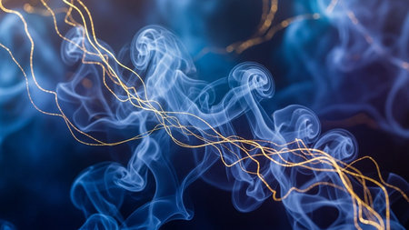 Abstract background, smoke from incense sticks on a dark blue backgroundの素材