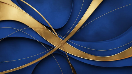 Blue abstract background with golden lines. 3D illustration. Design elementの素材