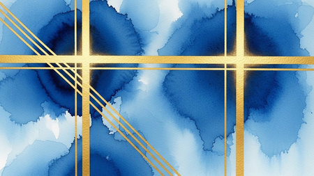 Abstract blue watercolor background with golden lines. Watercolor texture.の素材