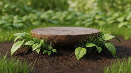 3d rendering of a stone podium in the garden with green grassの素材