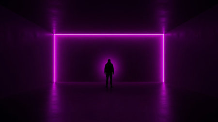 Silhouette of a man in front of a purple neon tunnel. 3D renderingの素材