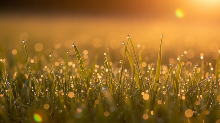 Fresh green grass with dew drops in the morning. Natural backgroundの素材