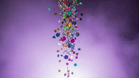 Colorful confetti and ribbons flying in the air on a purple backgroundの素材