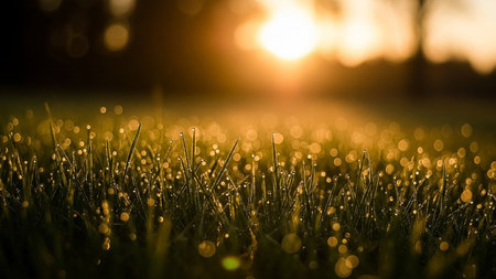Morning dew on the green grass in the rays of the setting sunの素材