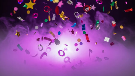Colorful confetti and ribbons flying in the air against purple backgroundの素材