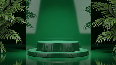 Green podium with palm leaves in the dark room. 3D renderingの素材
