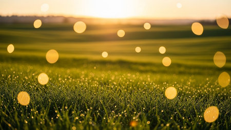 Sunset over green grass field with bokeh lights, nature backgroundの素材