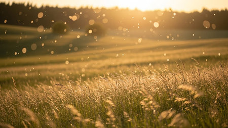 sunset in the meadow with dew drops on the grassの素材