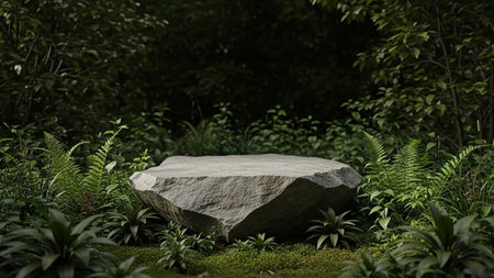 Stone pedestal in the garden, 3d render, square compositionの素材