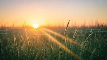 Sunset or sunrise in a field with ears of grass. Landscape.の素材