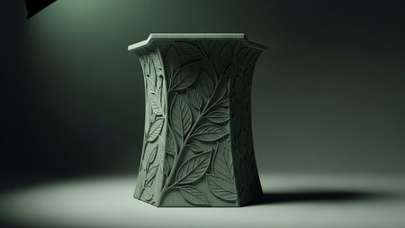 3d render of vase with green leaves on a dark backgroundの素材