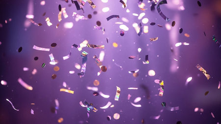 Flying confetti on a purple background. Festive background. 3d renderingの素材