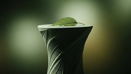 Green leaf on a vase, conceptual image of environmental conservation.の素材