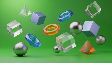 3d rendering of abstract geometric shapes levitating in air on green backgroundの素材