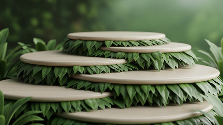 3d rendering of a round podium made of natural green leaves.の素材
