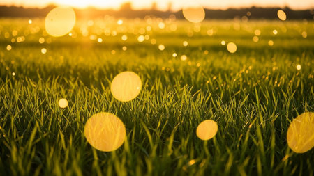 Sunset over green grass field with bokeh lights. Beautiful nature background.の素材
