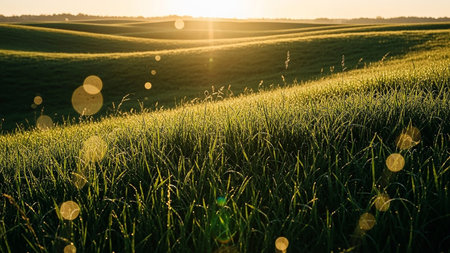 Sunset over the green field with sun rays and bokehの素材