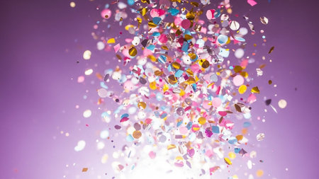 Colorful confetti flying in the air on a purple background.の素材