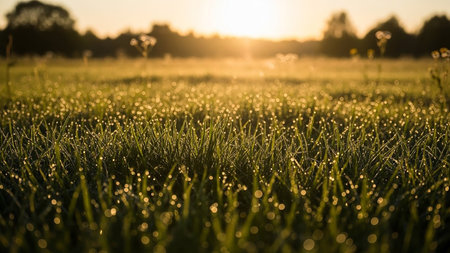 Morning dew on the green grass in the rays of the setting sunの素材
