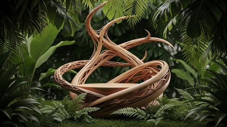 Wicker basket in the garden, 3d render. Computer digital drawing.の素材