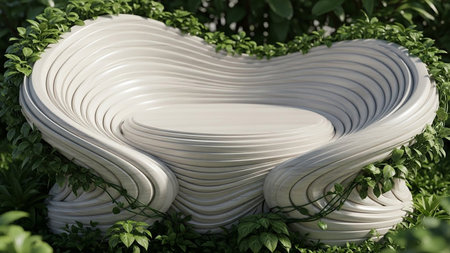 3d rendering of a white bench in the garden with green leavesの素材