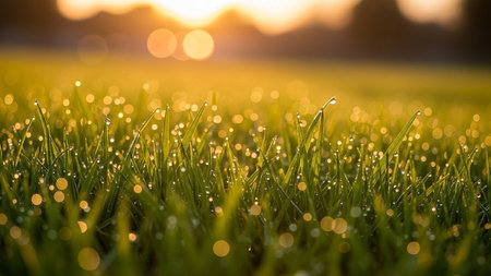 Fresh green grass with dew drops at sunset. Natural background.の素材