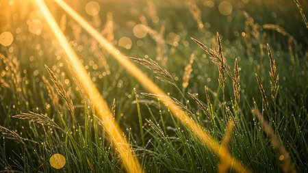 Morning dew on the grass in the meadow with sun raysの素材