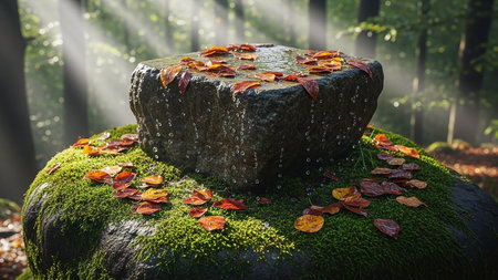 Autumn leaves on a stone in the forest with sunbeamsの素材