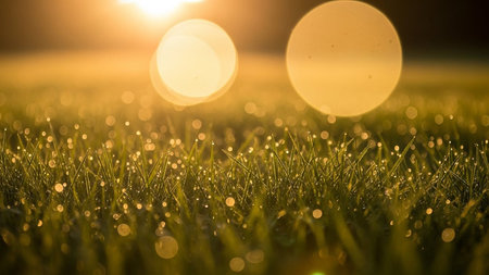 Morning dew on the green grass. Beautiful bokeh backgroundの素材