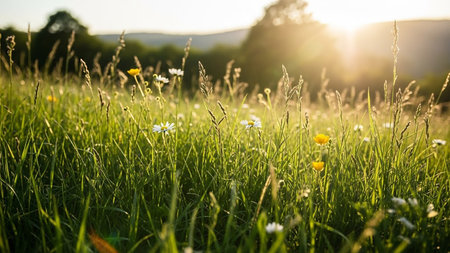 Sunset on a meadow with daisies and grass.の素材