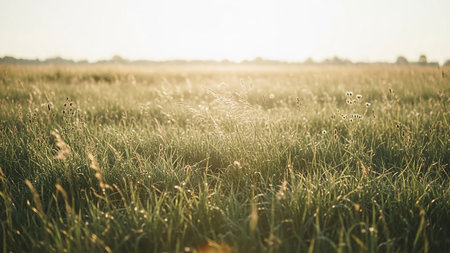 Sunset on the meadow with grass and flowers - retro vintage effectの素材