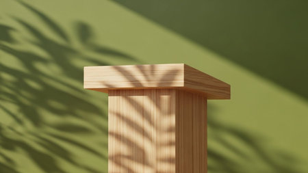 Wooden pedestal on green background with shadows. 3d renderの素材