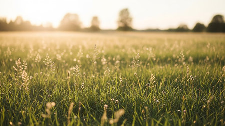 Sunset on a meadow with grass and flowers in the foregroundの素材
