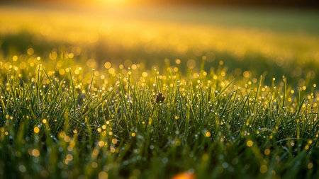 Morning dew on the green grass in the rays of the setting sunの素材
