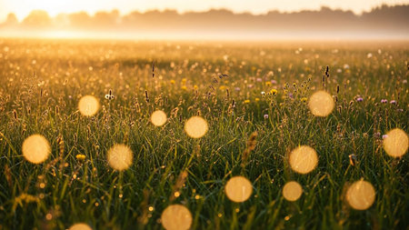 Sunset over a meadow with dandelions and daisiesの素材
