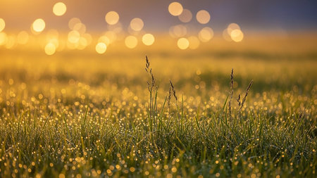 Morning dew on the grass in the meadow. Beautiful nature background.の素材