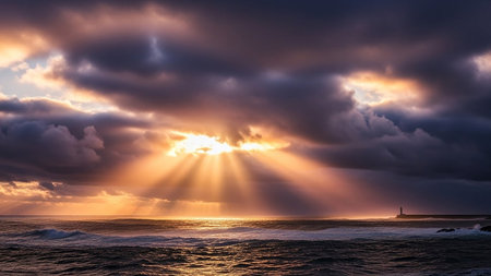 Sunset over the sea with a lighthouse in the background and dramatic cloudsの素材