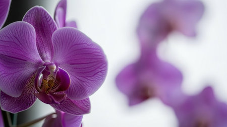 Close up of purple orchid flower with copy space on white backgroundの素材
