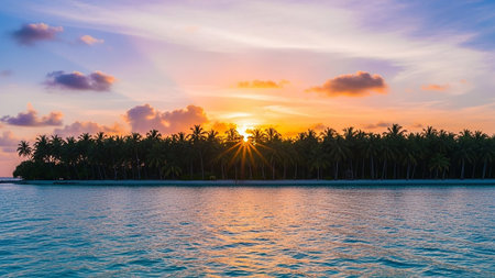 Beautiful tropical island with beach and sea around coconut palm tree at sunset time - Holiday Vacation conceptの素材