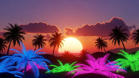 Palm trees in the desert at sunset, 3d render illustrationの素材