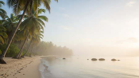 Tropical beach with coconut palm trees at sunrise in Sri Lankaの素材