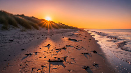 Sunset over the dunes on the North Sea coast in Germanyの素材