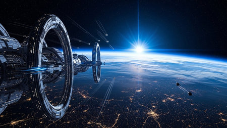 Futuristic space station floating over planet surface. 3D renderingの素材