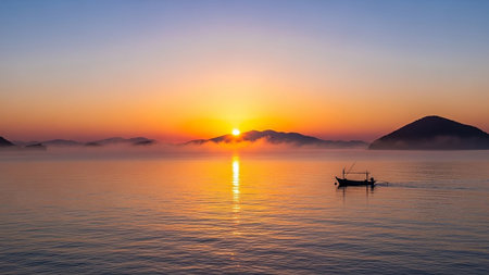Fishing boat in the sea at sunrise. Landscape with silhouette of fishing boat.の素材